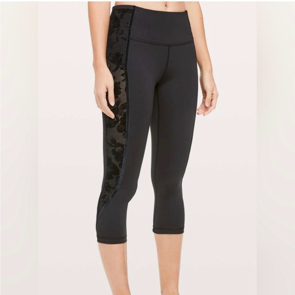 Lululemon Wunder Under Crop High Rise Flocked Scatter Floral 21" Legging Black 8 - Picture 1 of 8